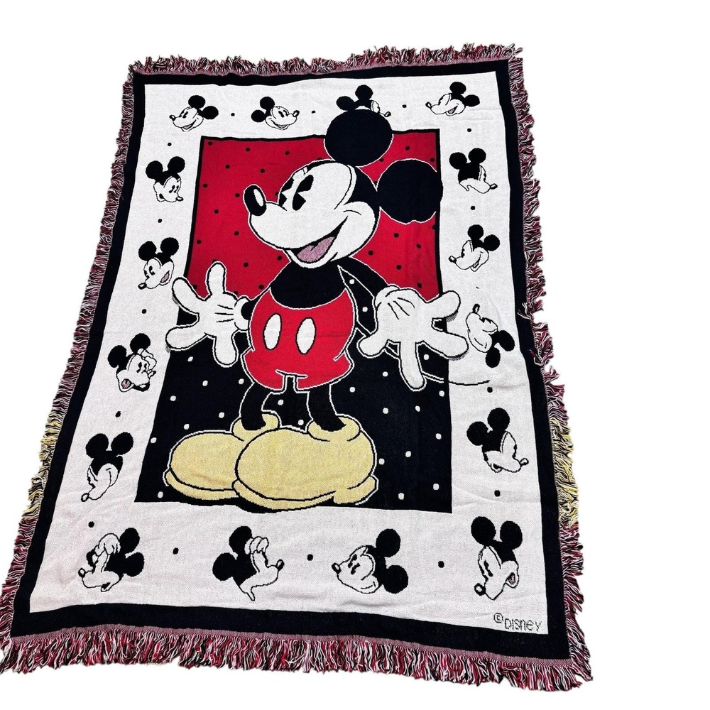 Vintage Disney Mickey Mouse Woven Cotton Throw Blanket Beacon Red Black White